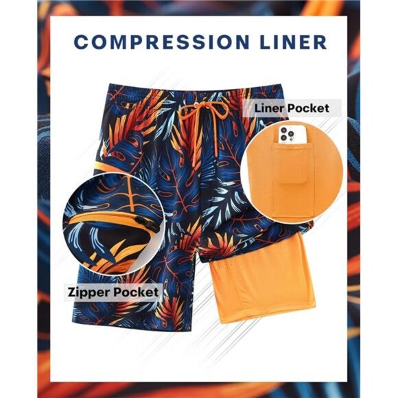 2 in 1 Men's Swim Trunks 9 with Zipper Pockets Bathing Suit Built-in Beach Short - Picture 5 of 6